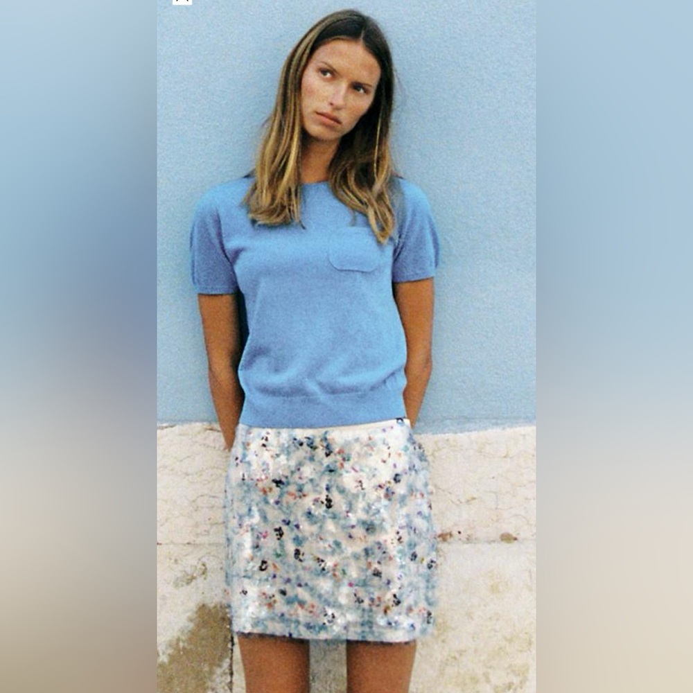NWT Zara Mini Skirt Sequin, Jewel Sequined Blue Skirt 3920/721 Blue Ecru - Picture 4 of 13